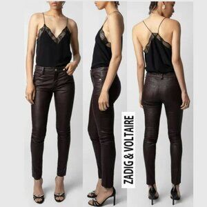 Zadig & Voltaire Phlame Leather Pants Brown Skinny Moto EURO 34